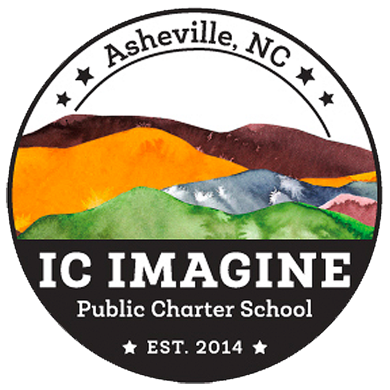 The image is a circular emblem for IC Imagine Public Charter School in Asheville, NC, established in 2014. It features a watercolor-style mountain range with brown, blue, green, and pink hues. The school's name is prominently displayed, and stars adorn the top and bottom of the emblem. The overall design is colorful and nature-inspired.